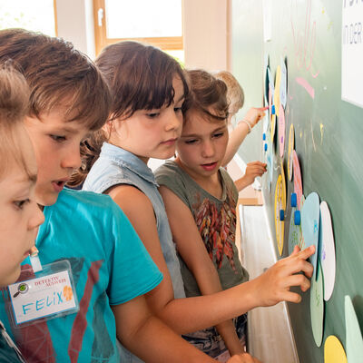 Grundschulkinder arbeiten in Gruppen an einer Tafel und setzen sich spielerisch mit zentralen Inhalten des Präventionsprogramms »Unsere verrückten Familien« auseinander.