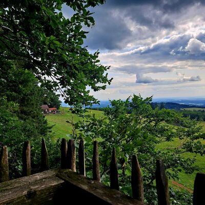 Das Bild zeigt eine grüne Hügellandschaft. Im Vordergrund sind Bäume und ein rustikaler Holzzaun zu sehen, im Hintergrund ein blauer Himmel mit Wolken.