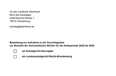 Schriftstück beziehungsweise Dokument zur Bewerbung als ehrenamtlicher Richter für das Sozialgericht Neuruppin und Landessozialgericht Berlin-Brandenburg beim Büro des Kreistages des Landkreises Oberhavel. 
