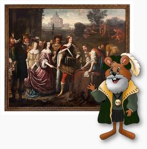 Museums-Maskottchen Mausfried erkl&auml;rt den Besuchern die Allegorie auf die Gr&uuml;ndung Oranienburgs.