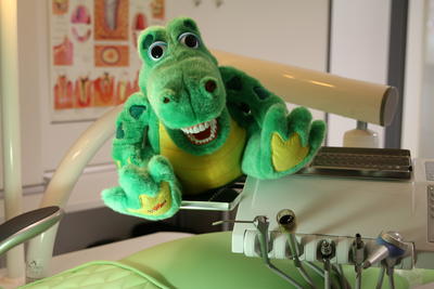 Das Kuscheltier Kroki - Maskottchen des Zahn&auml;rztlichen Diensts - soll Kinder zum Z&auml;hneputzen animieren und ist Teil des Pr&auml;ventionsprogramms des Landkreises. 